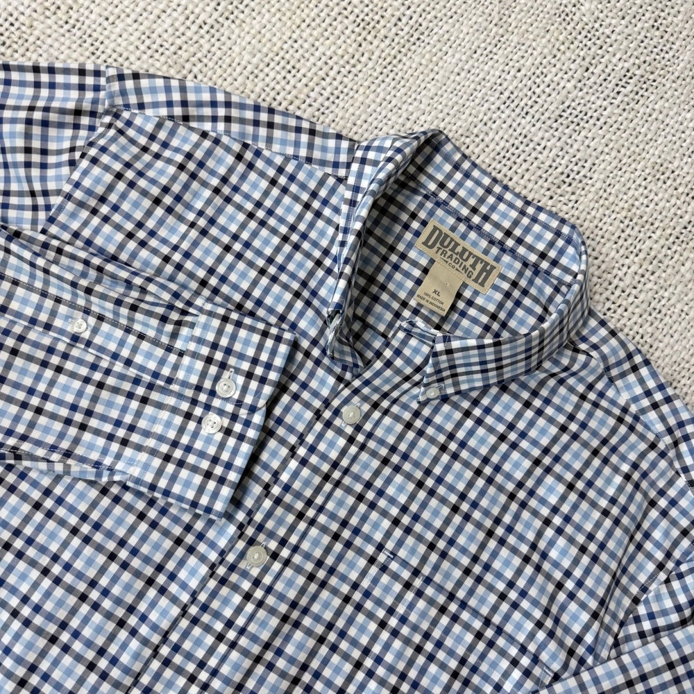 Duluth Trading Co Mens XL Blue Gingham Cotton Button Down Shirt Long Sleeve